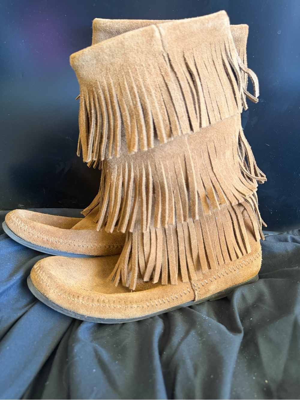 Minnetonka 1638 Tan Suede Fringe Mid-Calf Pull On Boots Women's US 11